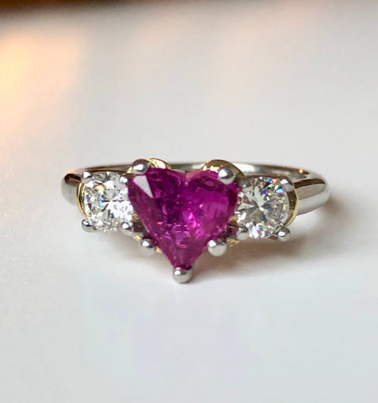 1.50 Carat Heart Shape Ruby Diamond Platinum Gold Engagement Ring